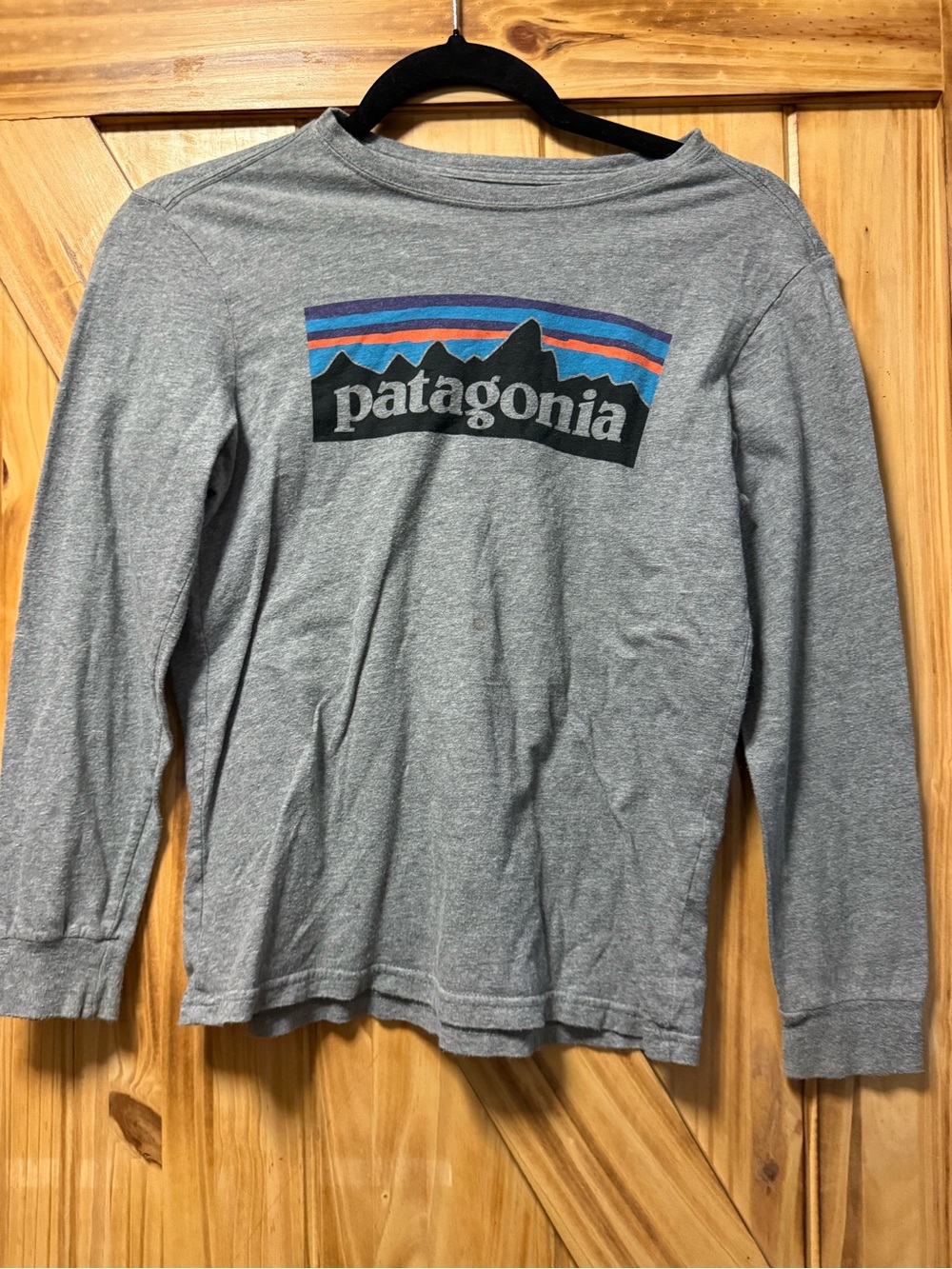 Patagonia Kids Long-Sleeve Logo Tee in Heather Gray with Multicolor Stripe